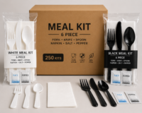 Heavy Duty White & Black Meal Kit – 6 Piece Disposable Cutlery Set with Fork, Knife, Spoon, Napkin & Condiments for Takeout, Catering & Food Service (250 Count)